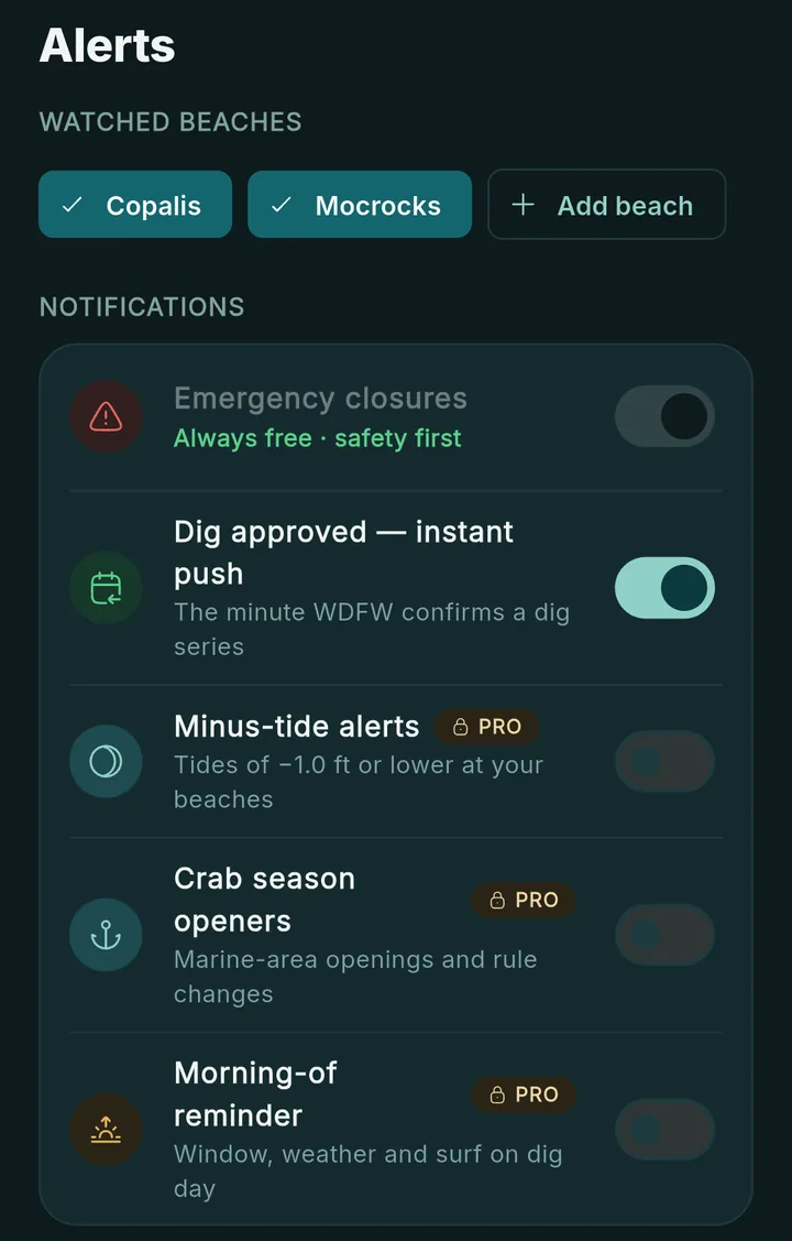 DigTide Alerts screen with toggles for emergency closures, instant dig-approved push, minus-tide alerts, crab season openers and a morning-of reminder