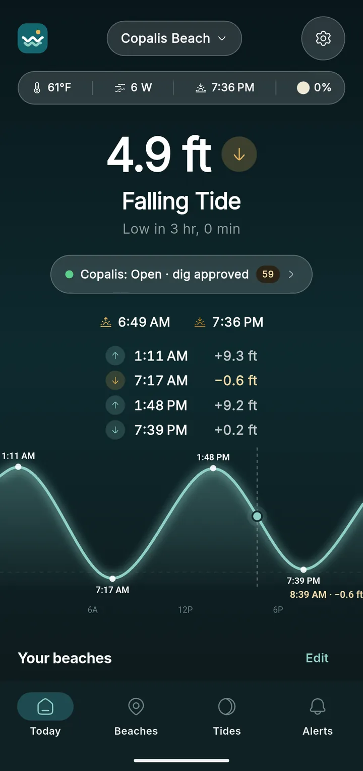 DigTide Today screen for Copalis Beach: a 4.9 foot falling tide, low tide in three hours, and the status Open, dig approved